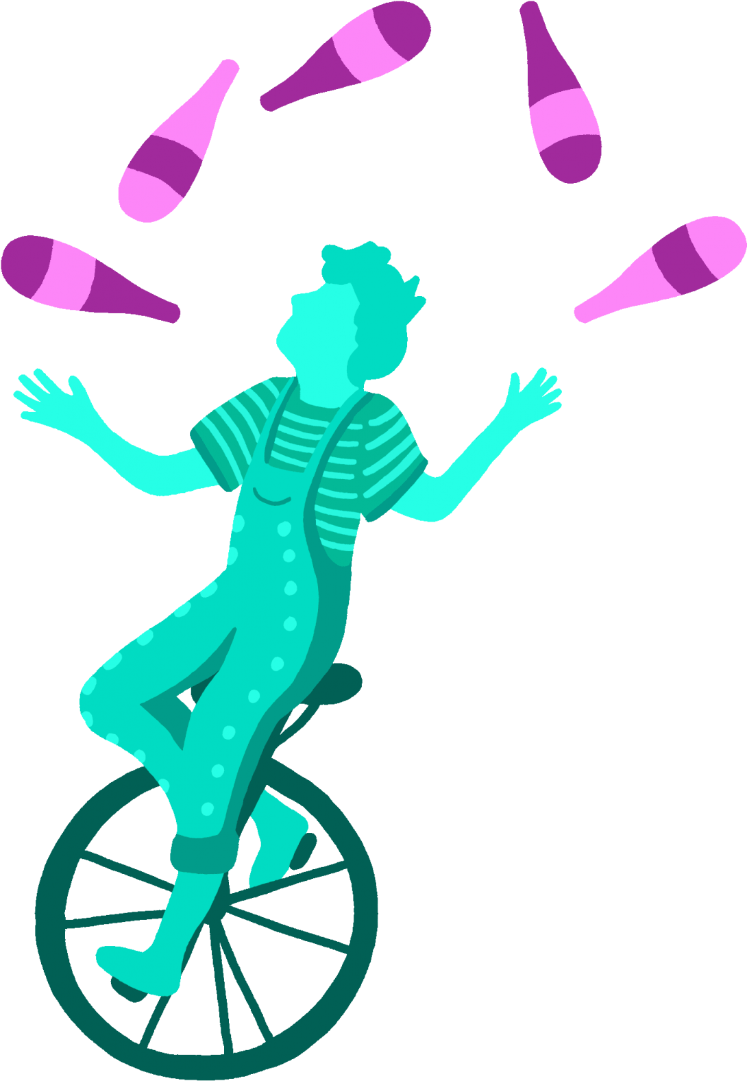 Illustration of a person on a unicycle juggling 5 juggling pins